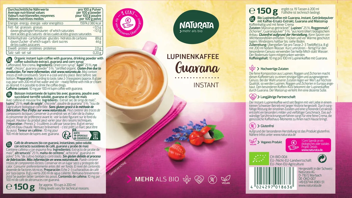 Lupinenkaffee Bio Instant Dose Guarana (150g) – Bild 2