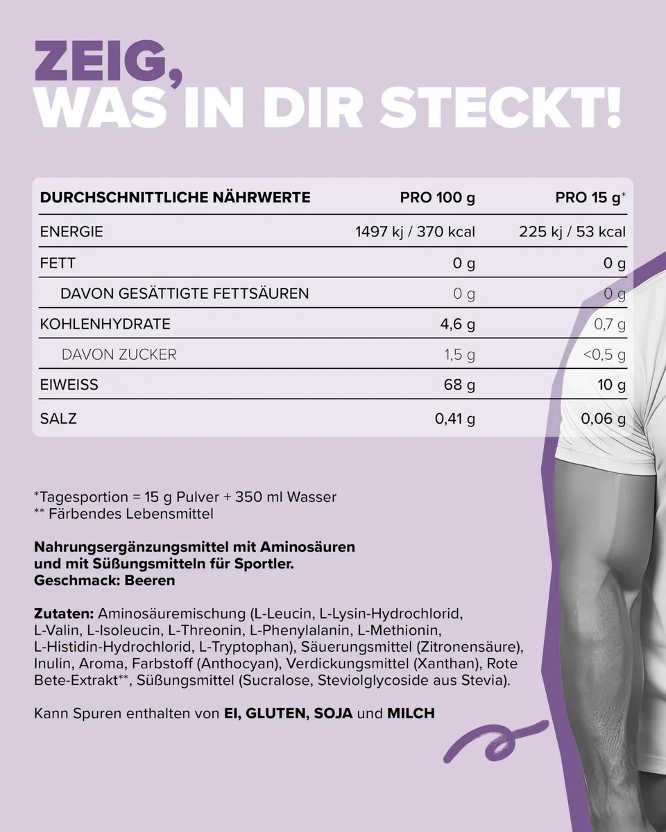IronMaxx 100% EAAs Zero Wildberry 500g - EAAs Pulver hochdosiert, Vegan und zuckerfrei, 8 essentielle Aminosäuren zur Ergänzung deiner Sporternährung – Bild 5