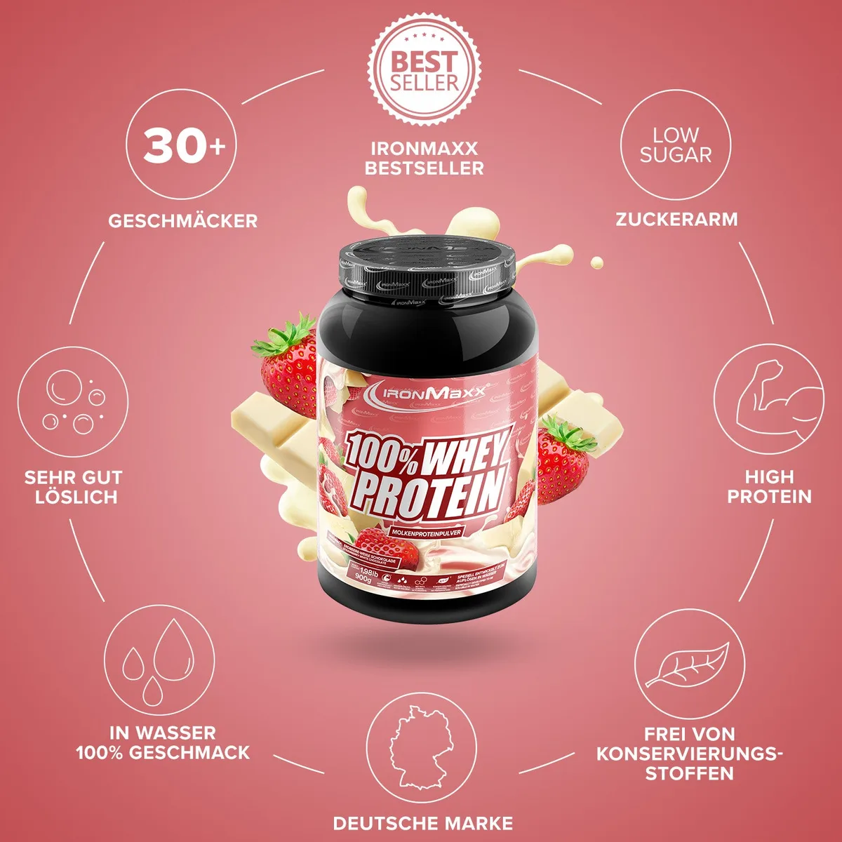 100% Whey Protein (900g) - Weiße Schokolade Erdbeere – Bild 5