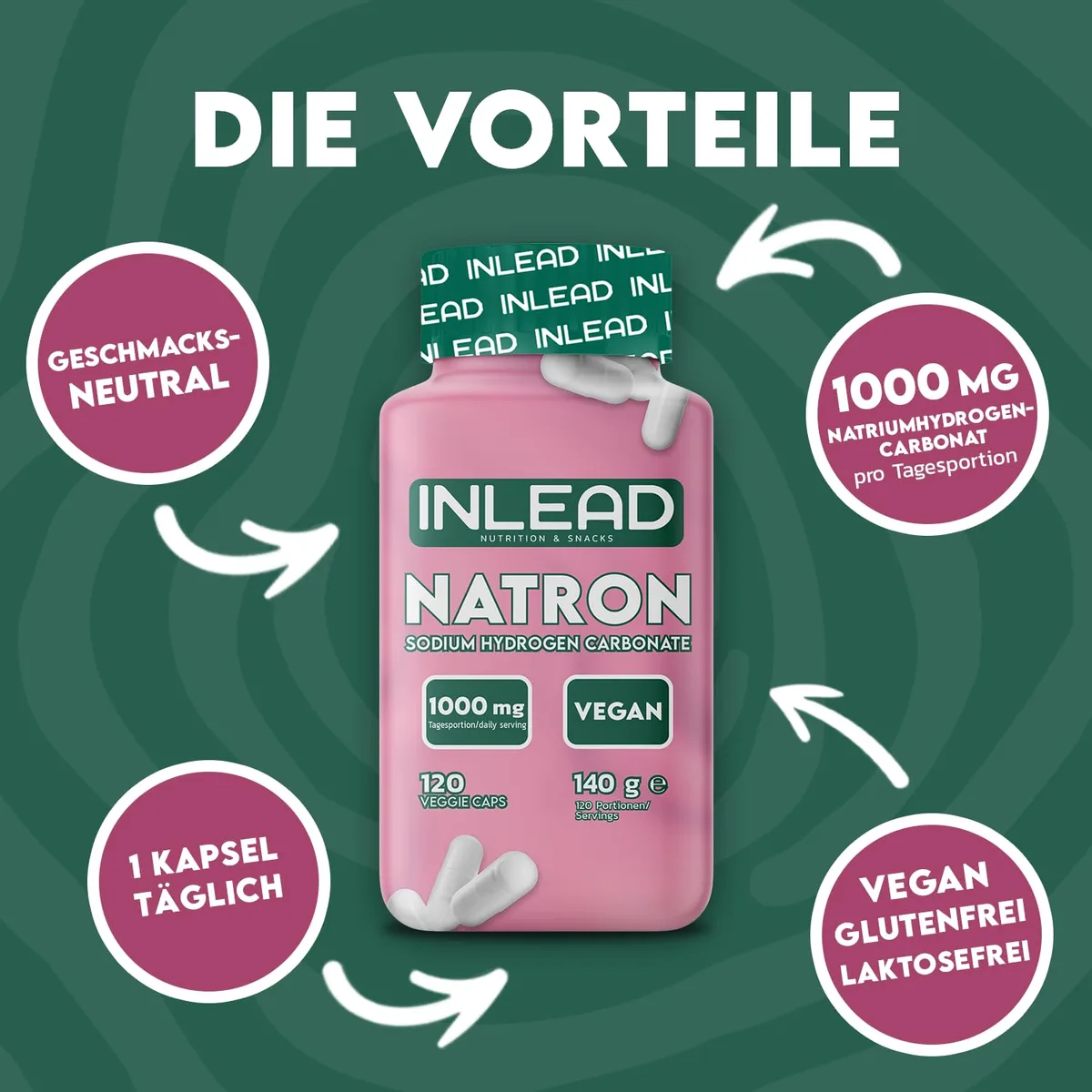 INLEAD - Natron Kapseln | Natriumhydrogencarbonat klar dosiert | Geschmacksneutral & alltagstauglich | Vegan, Glutenfrei & Laktosefrei - 120 Kapseln – Bild 2