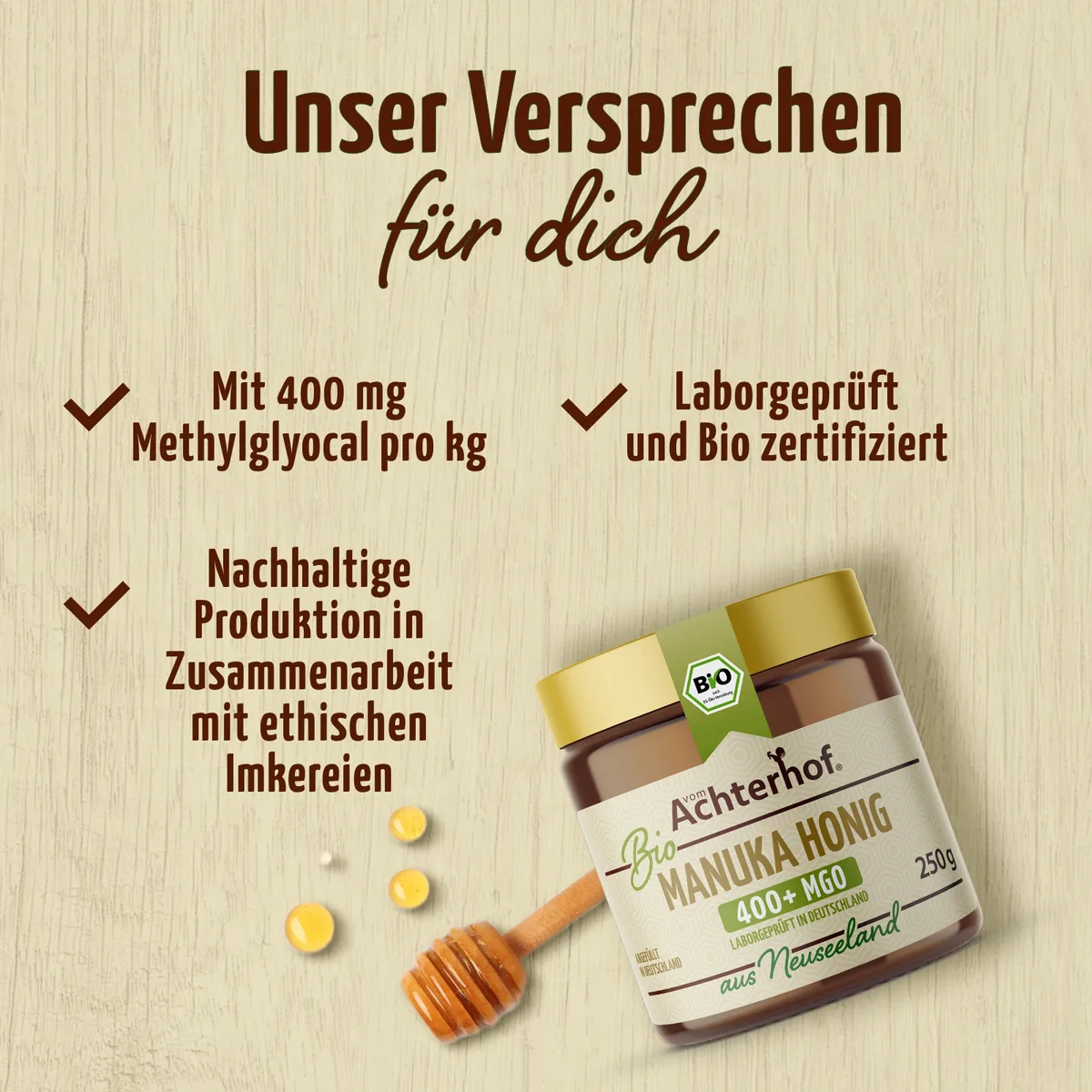 Manuka Honig Bio 400+ MGO (250g) – Bild 4