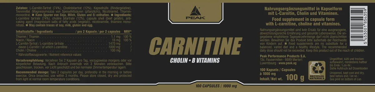 PEAK Carnitin - 100 Kapseln I 50 Portionen I Matrix aus hochdosiertem L-Carnitin Tartrat + Cholin + B-Vitaminen – Bild 2