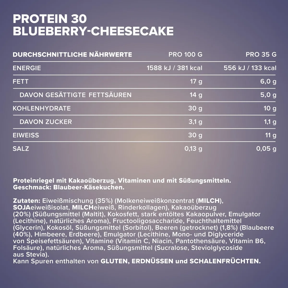 IronMaxx Protein 30 Eiweißriegel – Blueberry Cheesecake - 24x35g | High Protein Bar 30% Eiweiß, Low Carb & zuckerreduziert | Vitaminreicher Fitness Snack für Muskelaufbau & Diät – Bild 4
